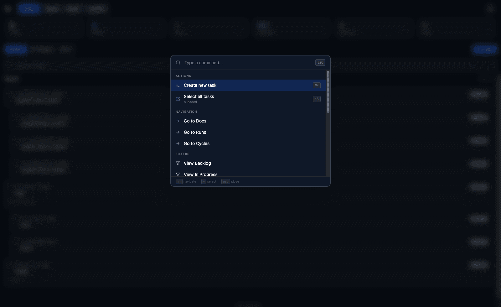Command palette opened from Tasks, showing actions, navigation, and filters