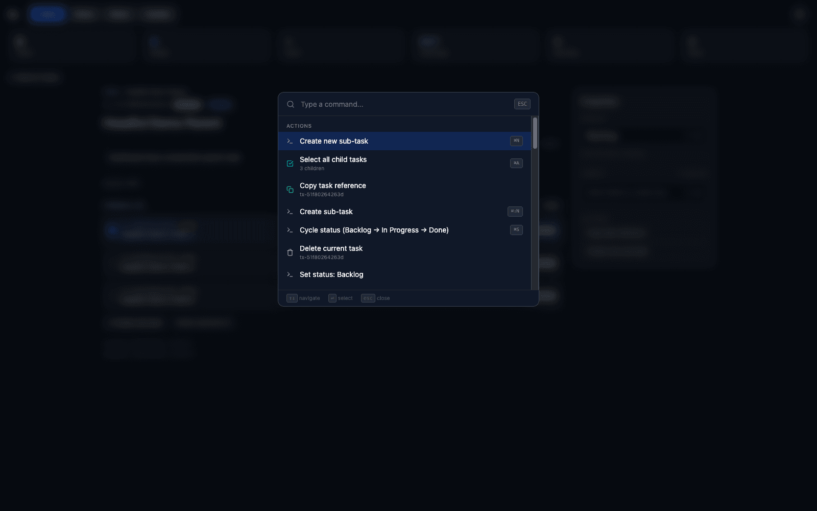 Command palette opened from Task Detail with sub-task and task lifecycle actions
