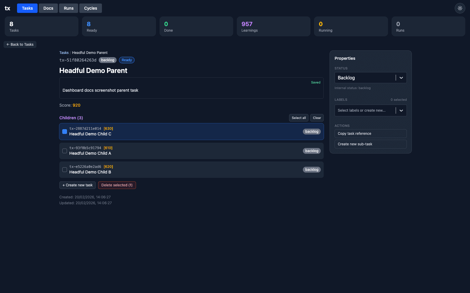 Sub-task bulk selection state with clear selected count and batch actions