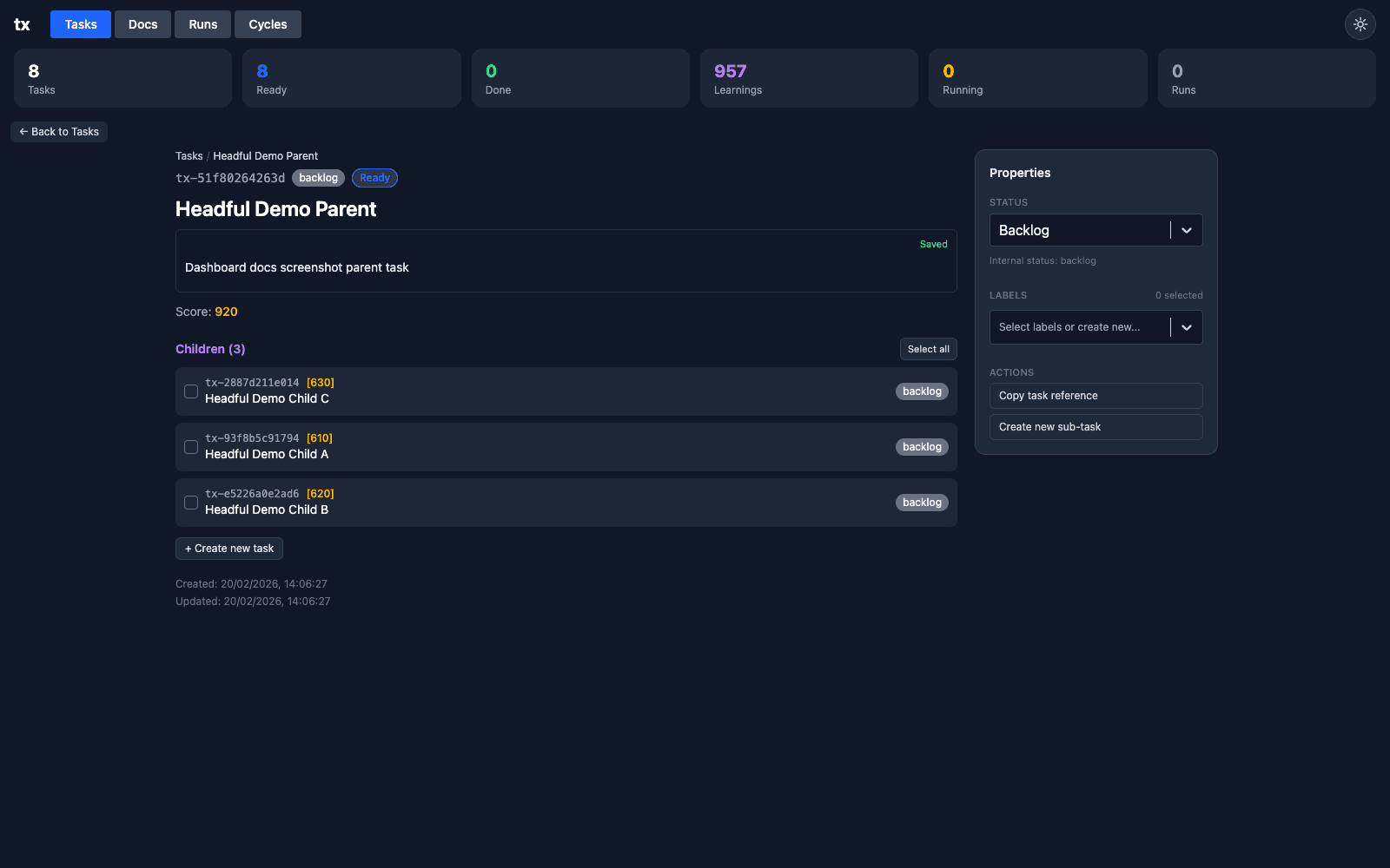 Task detail view with child tasks and properties panel