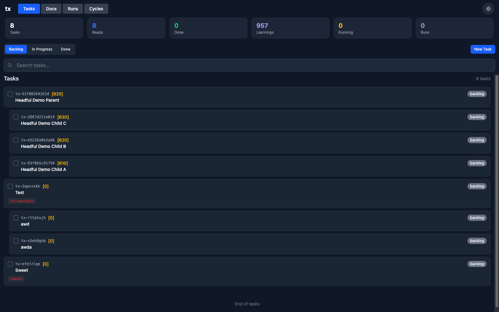 Tasks page overview with metrics, status tabs, and searchable task list