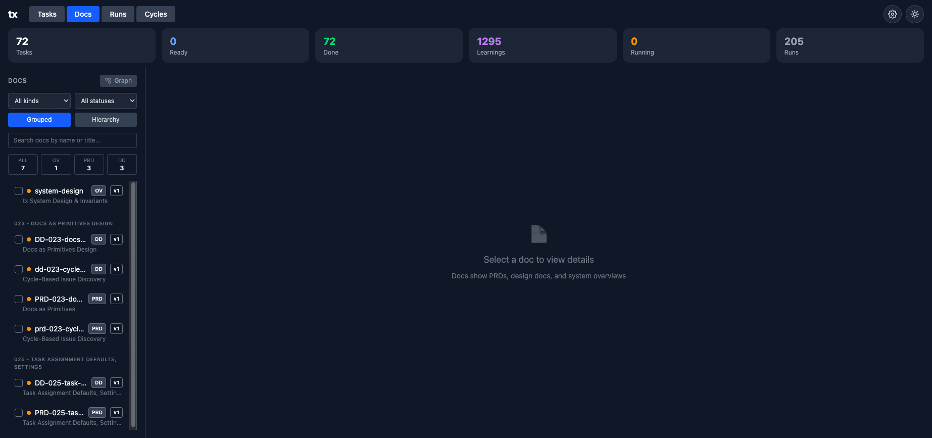 Docs view with grouped sidebar, document panes, and top navigation tabs