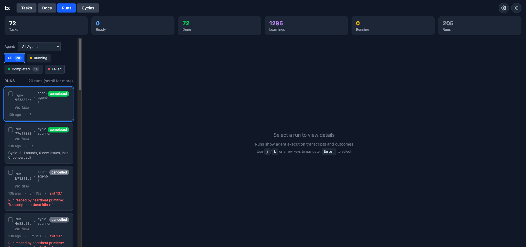 Runs view with list/detail layout and shared top navigation model