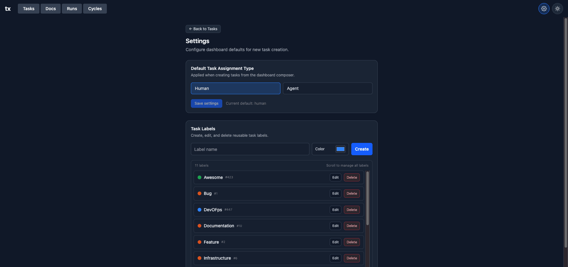 Settings page with assignment default and label CRUD controls