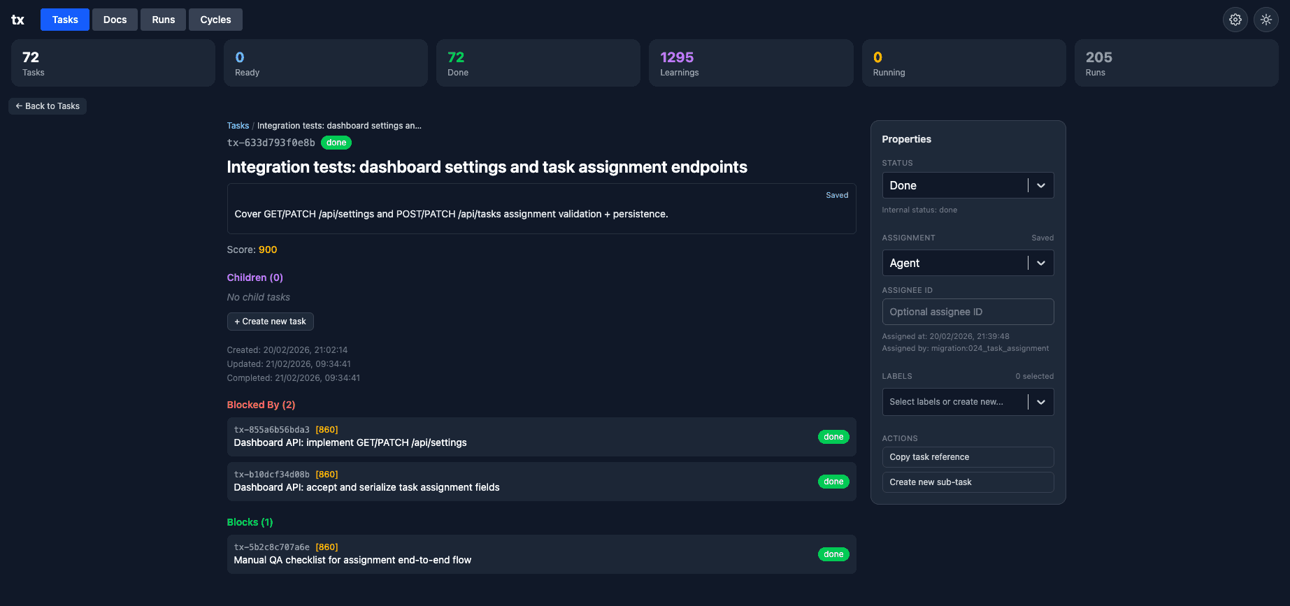 Task detail view with breadcrumb navigation and split properties panel