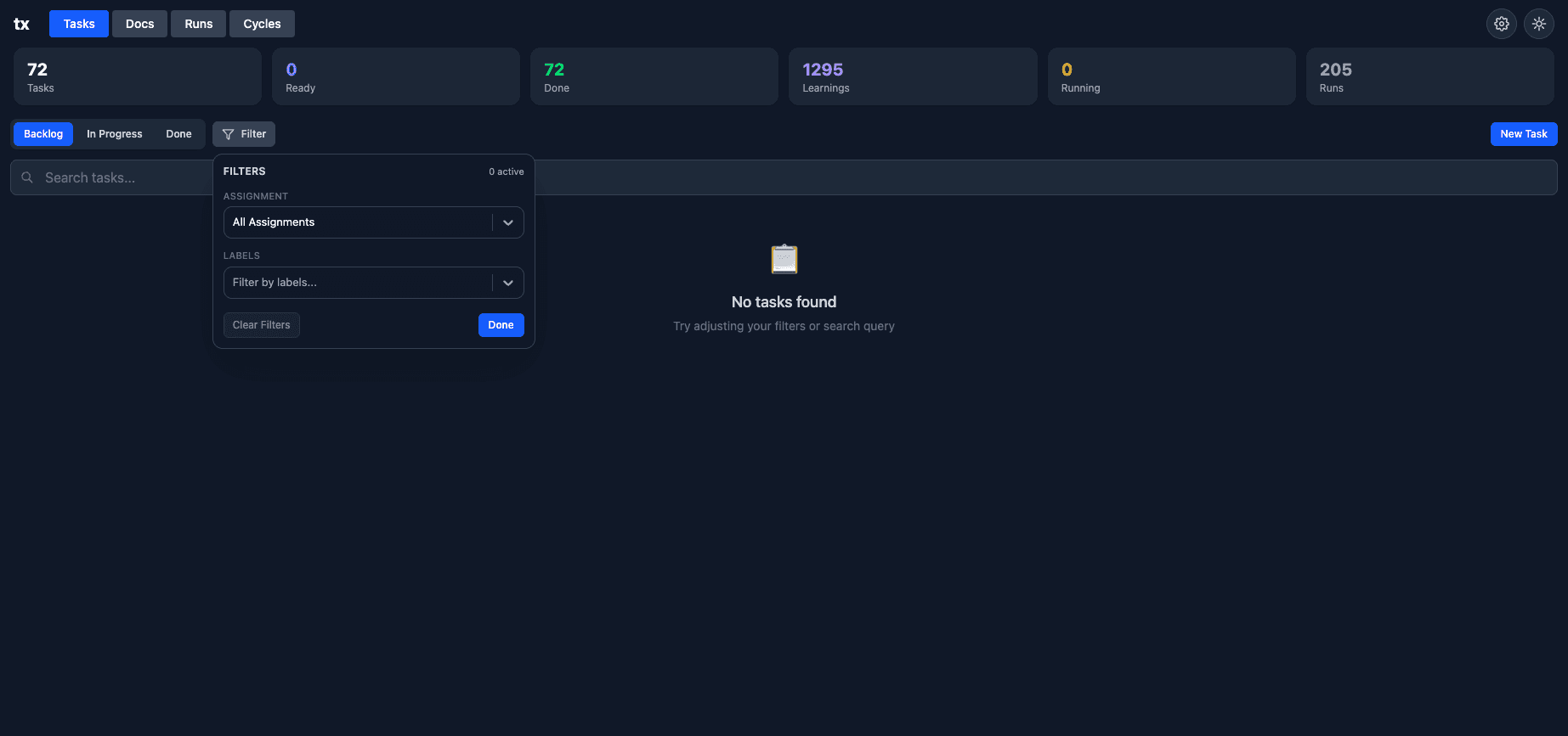 Tasks dashboard filter control and status buckets in light mode